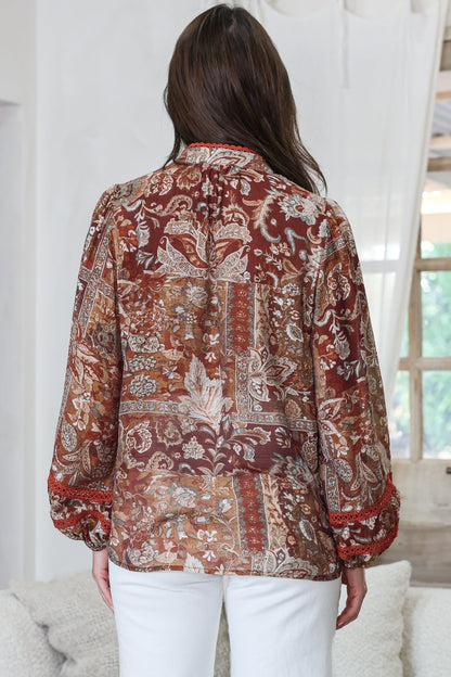 Diandra Blouse - Mandarin Collar Button Down with Lace Insert Detailing in Banter Print