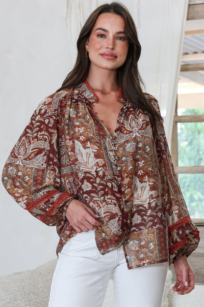 Diandra Blouse - Mandarin Collar Button Down with Lace Insert Detailing in Banter Print