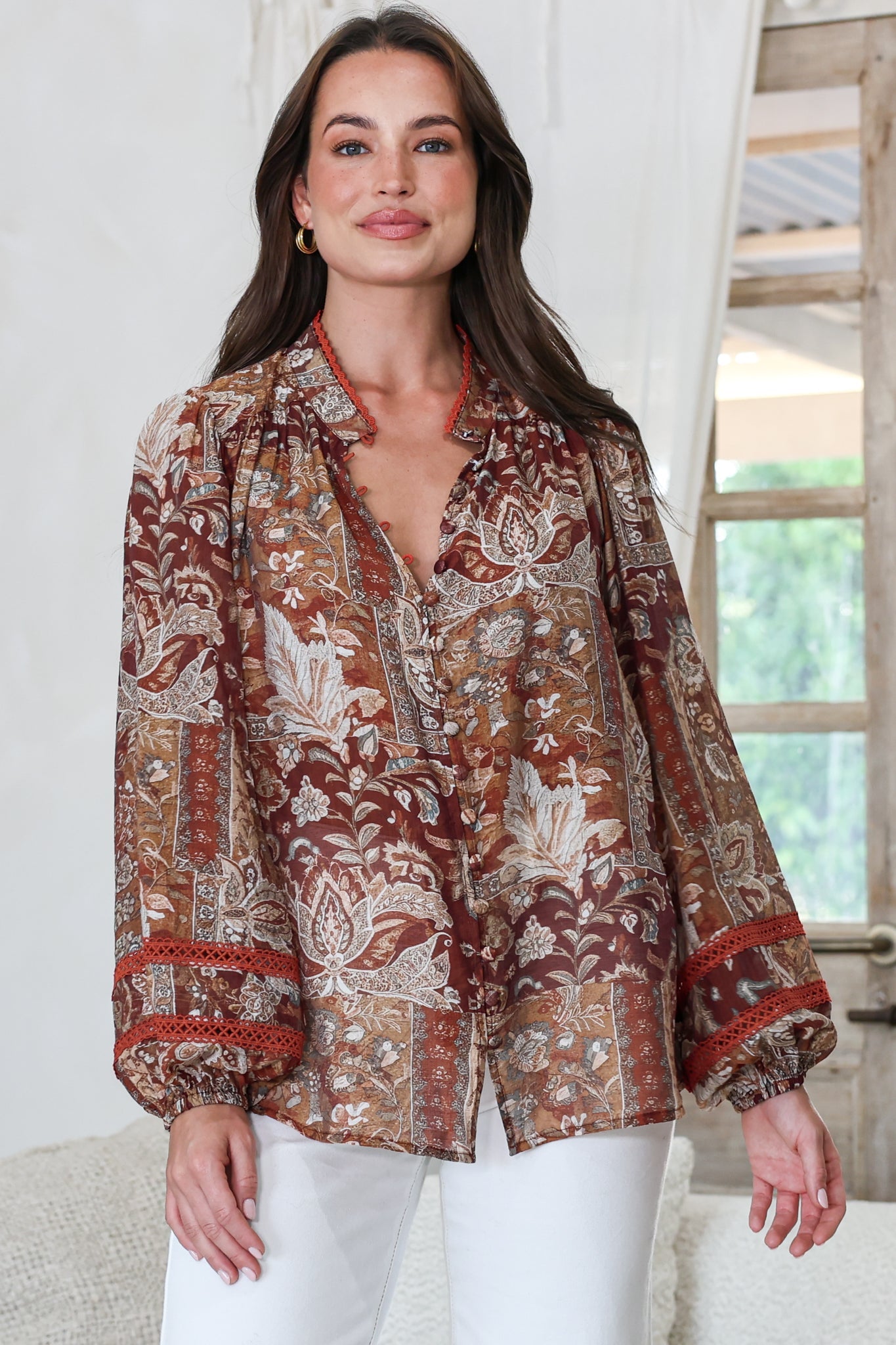 Diandra Blouse - Mandarin Collar Button Down with Lace Insert Detailing in Banter Print