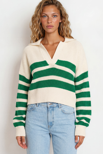 Dixon Jumper - Wing Collar Striped V Neck Jumper in Cream/Green