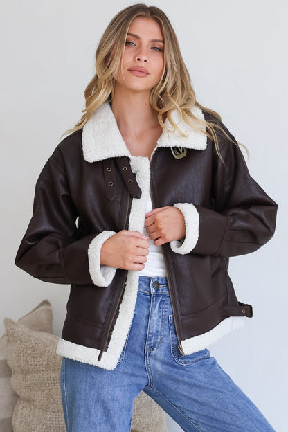 Domingo Jacket - Wing Collared Fleece Lined Biker Jacket in Brown