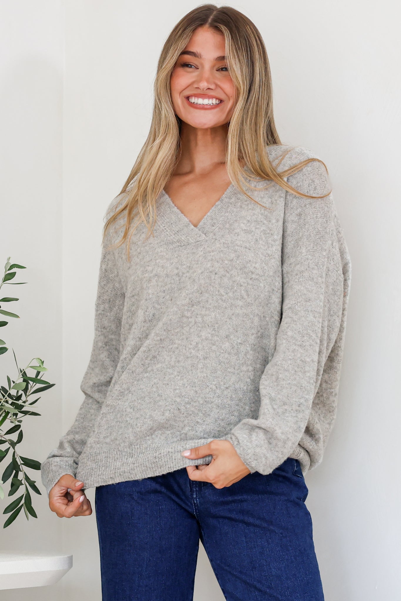 Donoven Jumper - V Neck Lightweight Knit with Ribbed Hemlines in Grey