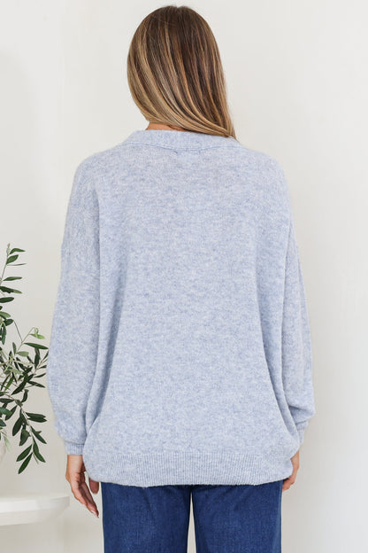 Donoven Jumper - V Neck Lightweight Knit with Ribbed Hemlines in Light Denim Blue