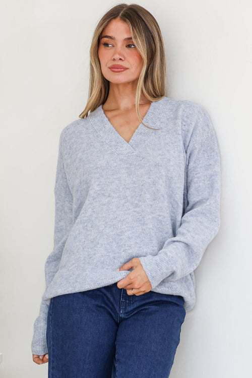 Donoven Jumper - V Neck Lightweight Knit with Ribbed Hemlines in Light Denim Blue