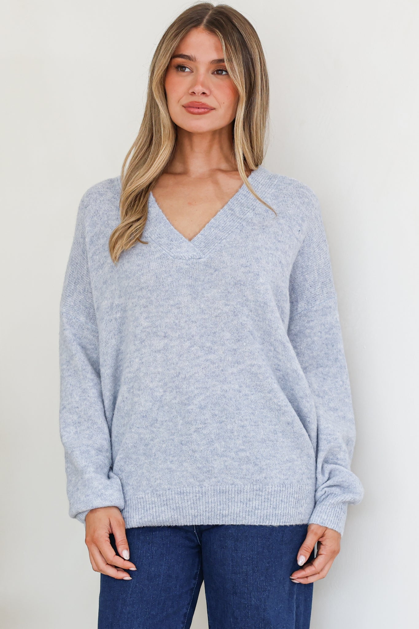 Donoven Jumper - V Neck Lightweight Knit with Ribbed Hemlines in Light Denim Blue