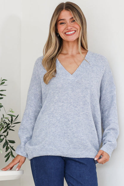 Donoven Jumper - V Neck Lightweight Knit with Ribbed Hemlines in Light Denim Blue