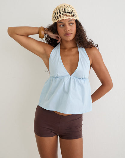 Eldana Halterneck Top in Poplin Ice Blue