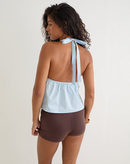 Eldana Halterneck Top in Poplin Ice Blue