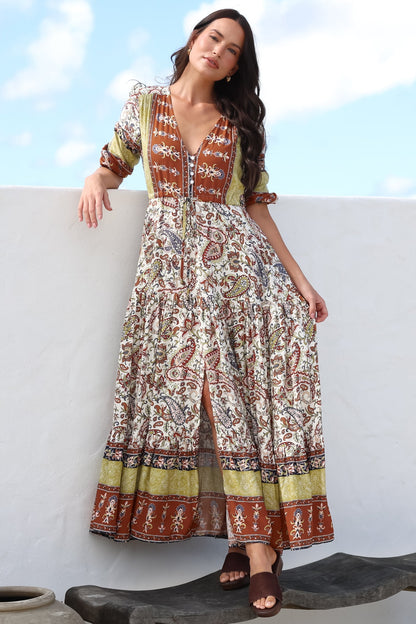 JAASE - Ebony Maxi Dress: V Neck Pull Tie Waist Dress with Front Split in Oakie Print