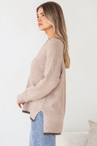Edan Jumper - V-Neck Contrast Trim Step Hem Jumper in Brown