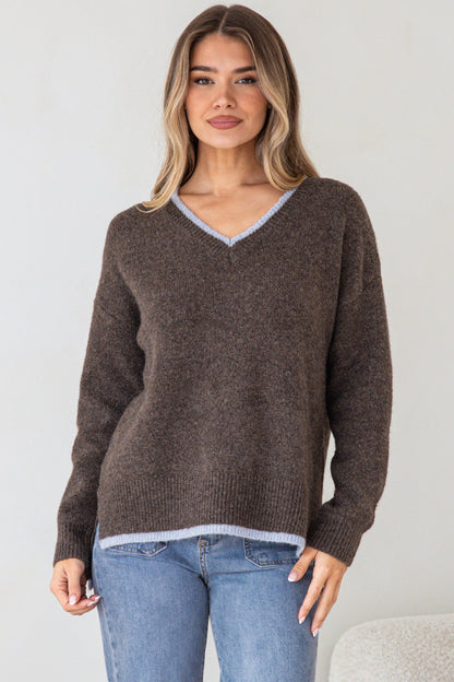Edan Jumper - V-Neck Contrast Trim Step Hem Jumper in Chocolate
