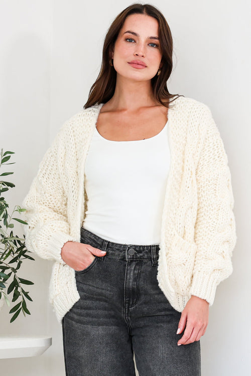 Elias Cardigan - Open Front Thick Cable Knit with Pockets in Cream