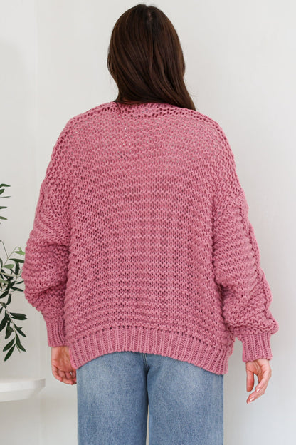 Elias Cardigan - Open Front Thick Cable Knit with Pockets in Pink