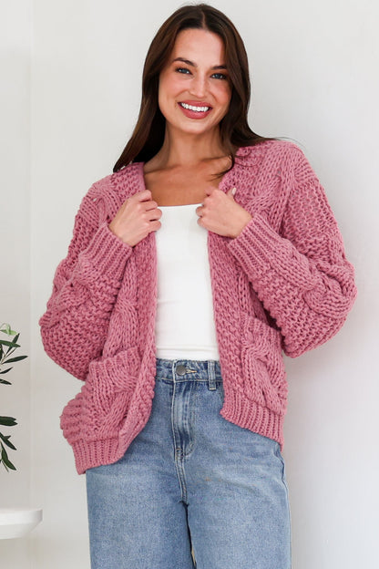 Elias Cardigan - Open Front Thick Cable Knit with Pockets in Pink