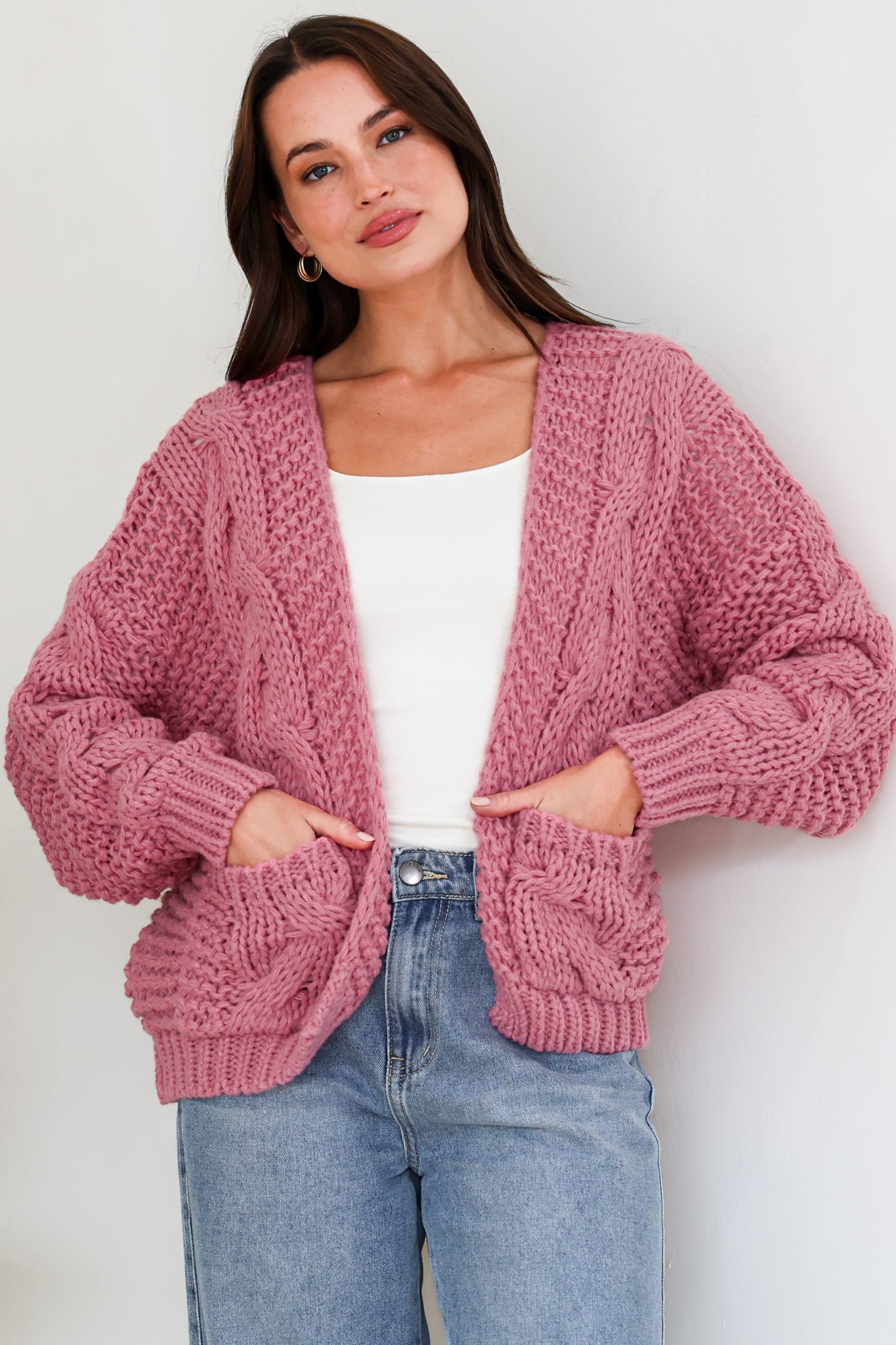 Elias Cardigan - Open Front Thick Cable Knit with Pockets in Pink