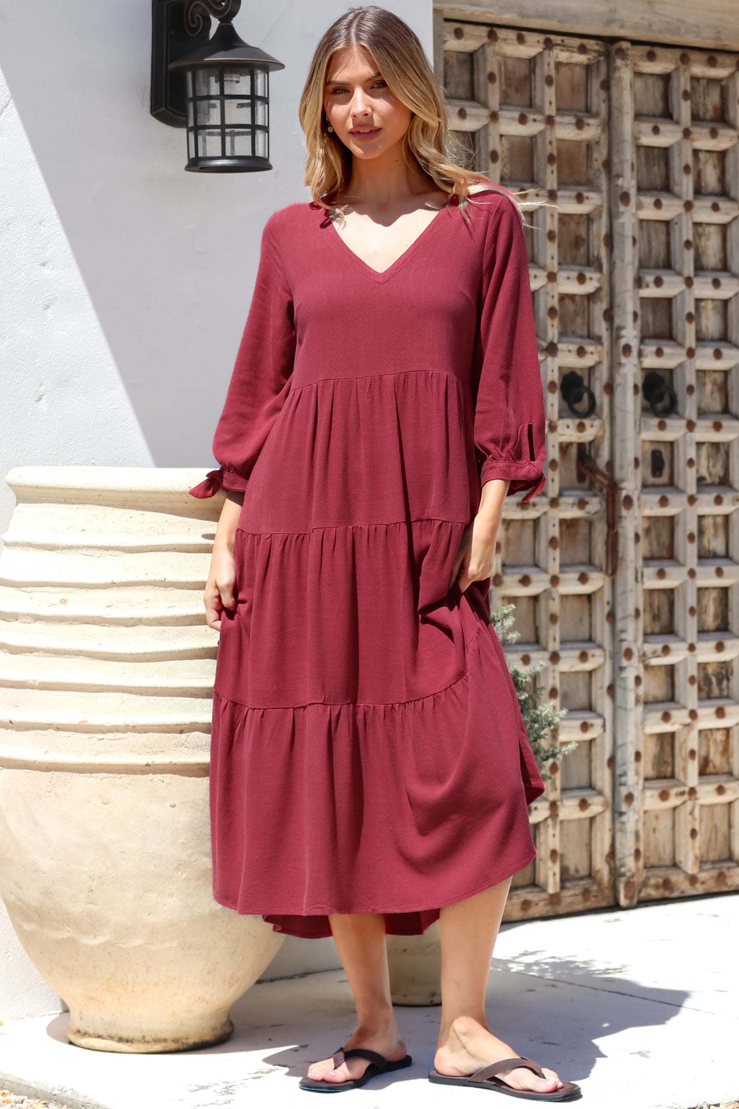 Elisabette Midi Dress - V-Neck Tiered Linen Dress with 3/4 Tie Cuff Sleeves in Rust