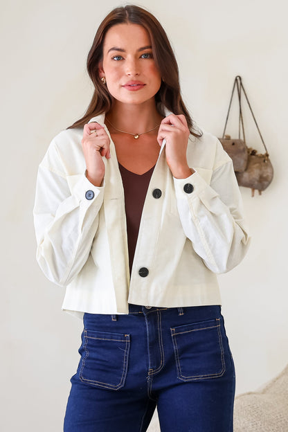 Elma Jacket - Wing Collar Button Down Cropped Jacket in Cream