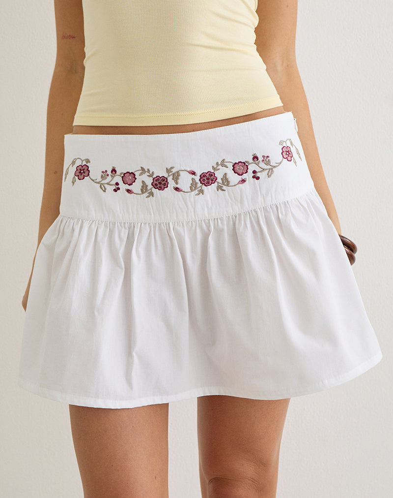 Becita Mini Skirt in Poplin White with Cherry Blossom Embroidery