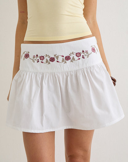 Becita Mini Skirt in Poplin White with Cherry Blossom Embroidery