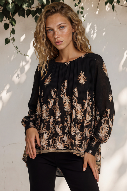 Gelina Top - Crew Neck Pleated High Low Pull Over with Balloon Sleeves in Lynsey Print Black