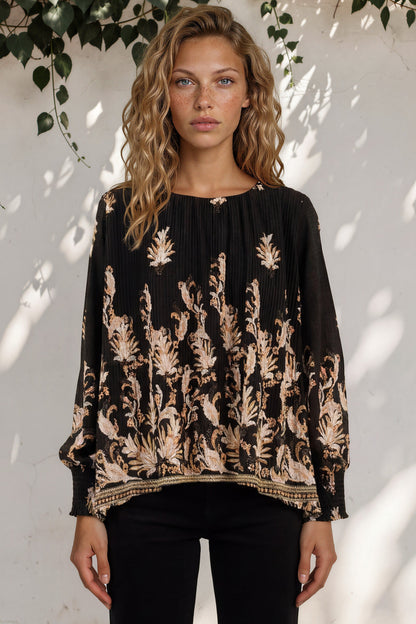 Gelina Top - Crew Neck Pleated High Low Pull Over with Balloon Sleeves in Lynsey Print Black