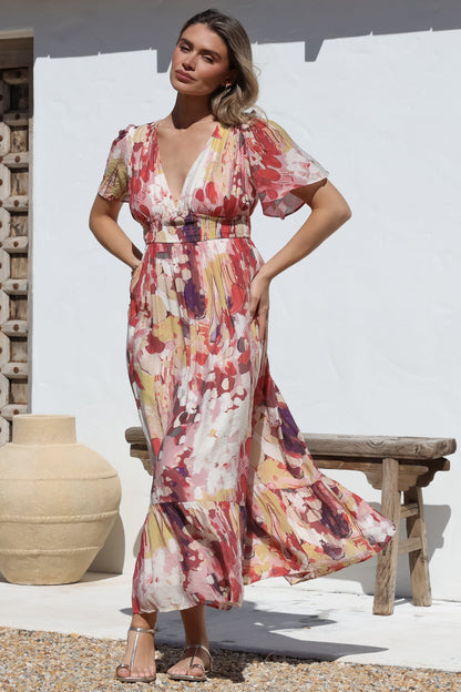 Glades Maxi Dress - V Neck Shirred Waist A Line Dress in Kamara Print Red