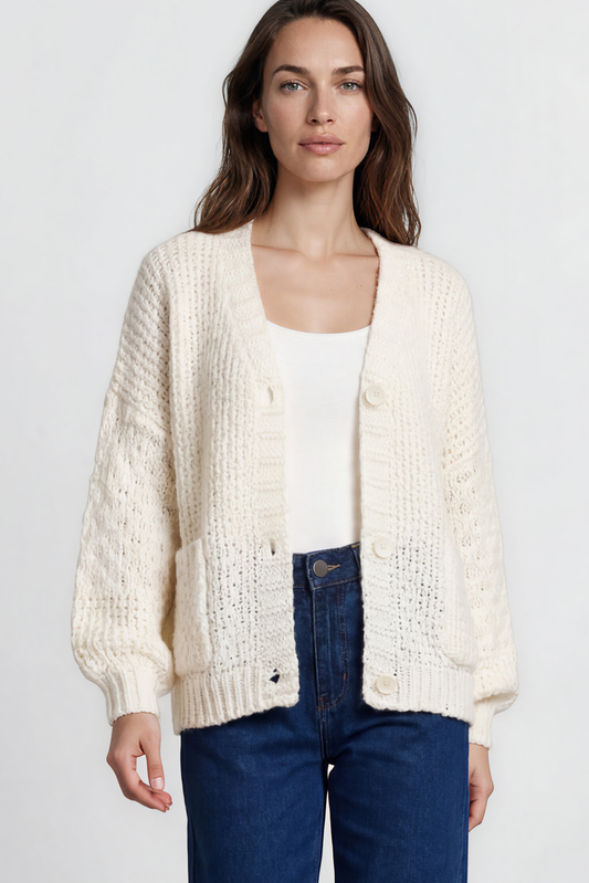 Grayson Cardigan - V-Neck Button Front Knit with Pockets and Balloon Sleeves in Cream