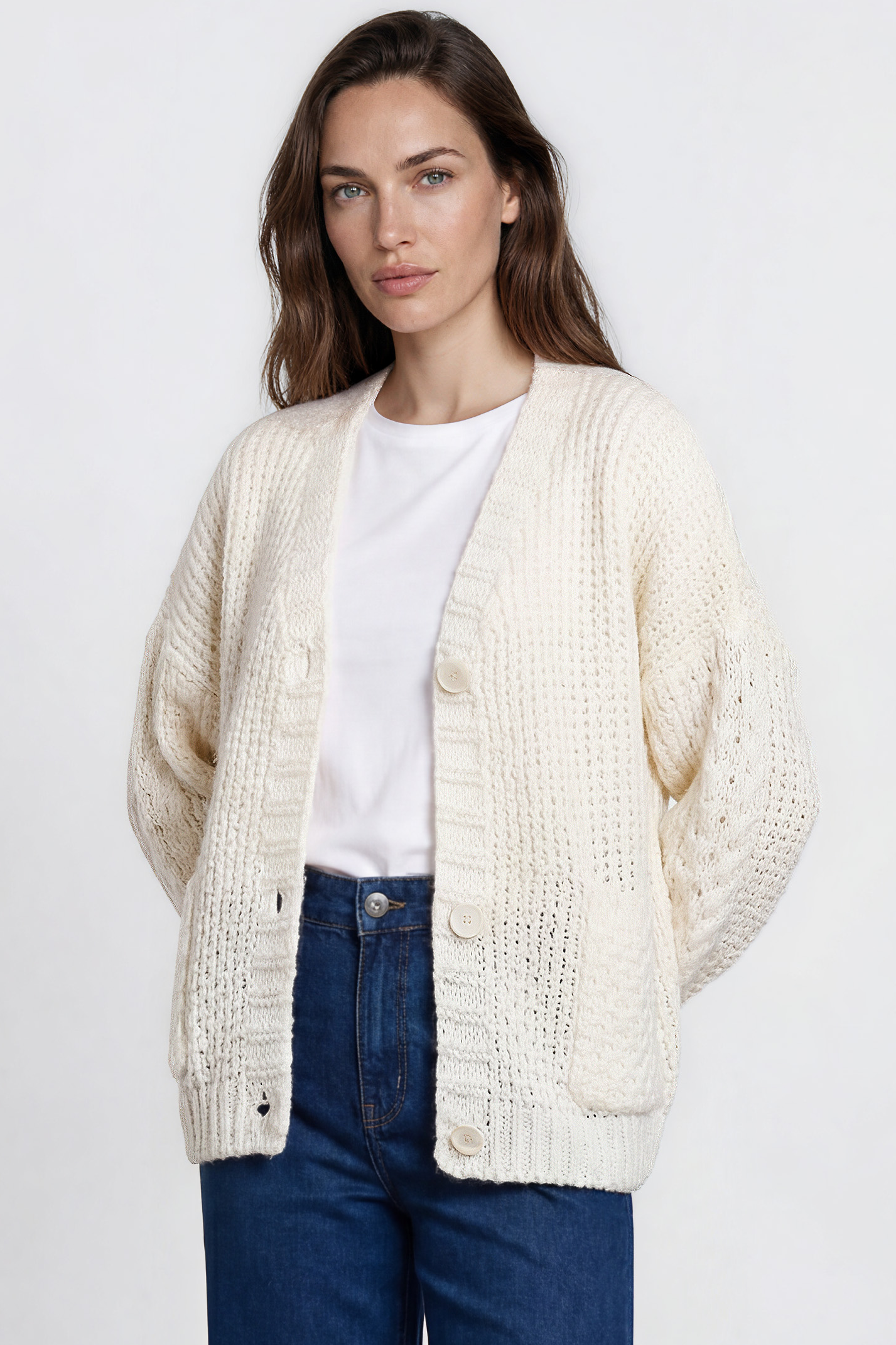 Grayson Cardigan - V-Neck Button Front Knit with Pockets and Balloon Sleeves in Cream