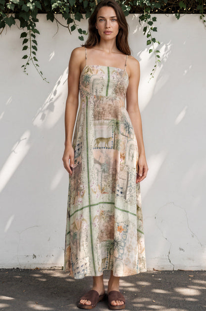 Gretal Maxi Dress - Sqaure Neck A-Line Dress with Adjustable Spaghetti Straps in Tempest Print