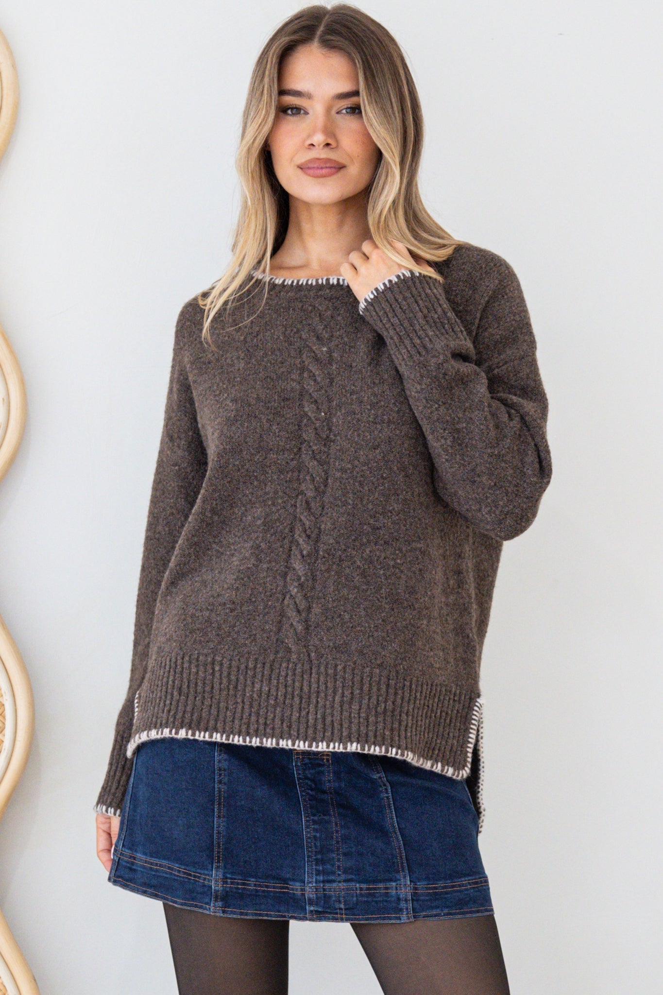 Halo Jumper - Crew Neck Cable Detailed Step Hem Knit with Contrast Hemlines in Dark Brown