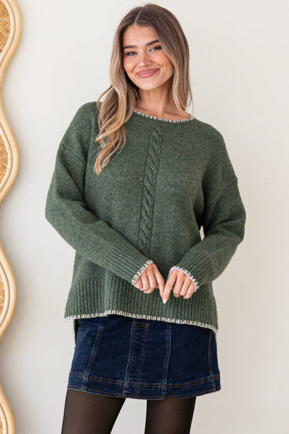 Halo Jumper - Crew Neck Cable Detailed Step Hem Knit with Contrast Hemlines in Green