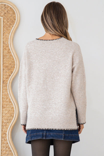 Halo Jumper - Crew Neck Cable Detailed Step Hem Knit with Contrast Hemlines in Latte