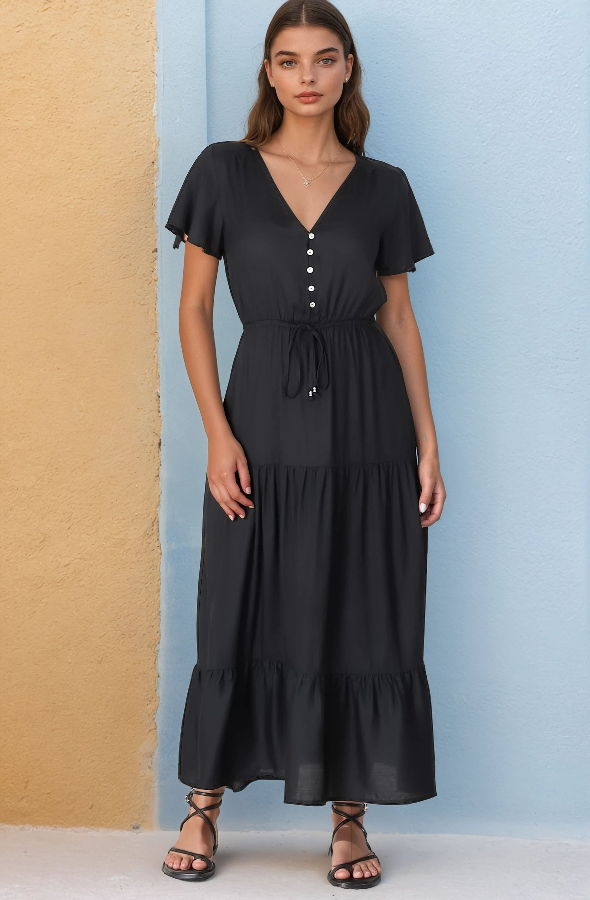 Hanna Maxi Dress - Cap Sleeve Tiered A Line Dress with Toggle Detailed Waist Tie in Black
