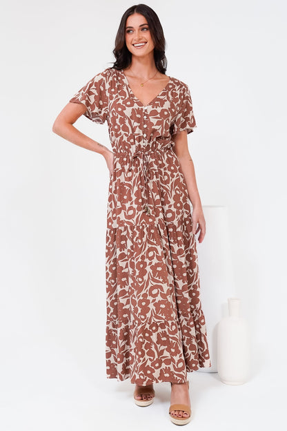 Hanna Maxi Dress - Cap Sleeve Tiered A Line Dress with Toggle Detailed Waist Tie in Emma-Jade Print Brown