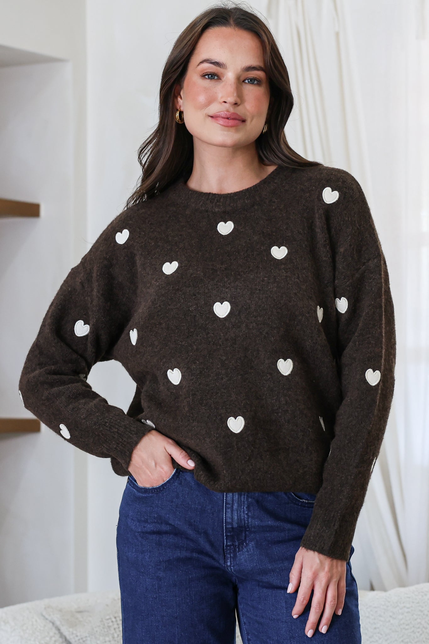 Hartley Jumper - Crew Neck Embroidered Heart Motif Knit in Coffee