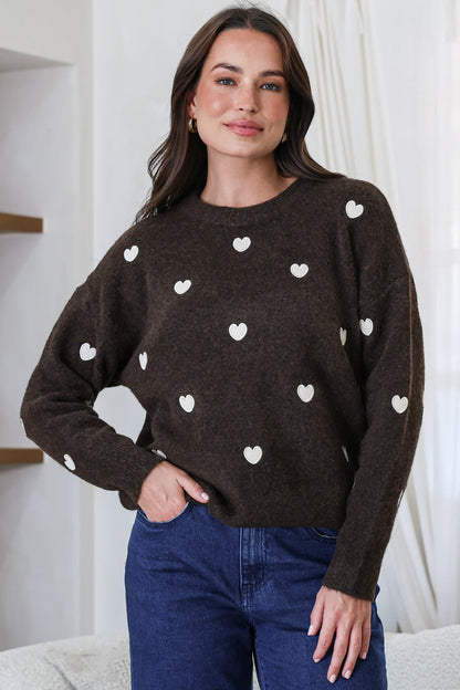 Hartley Jumper - Crew Neck Embroidered Heart Motif Knit in Coffee