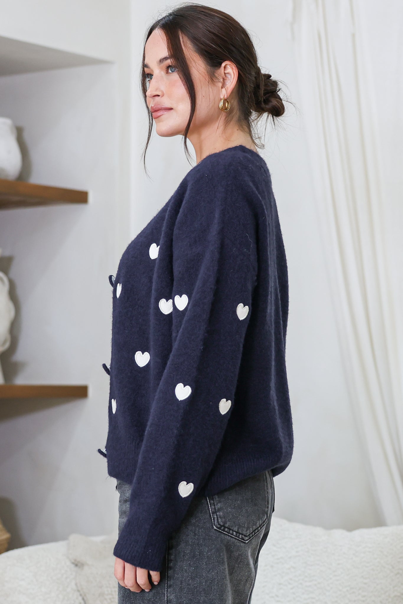 Hartley Cardigan - V Neck Button Front Heart Embroidered Knit with Matching Fabric Buttons in Navy