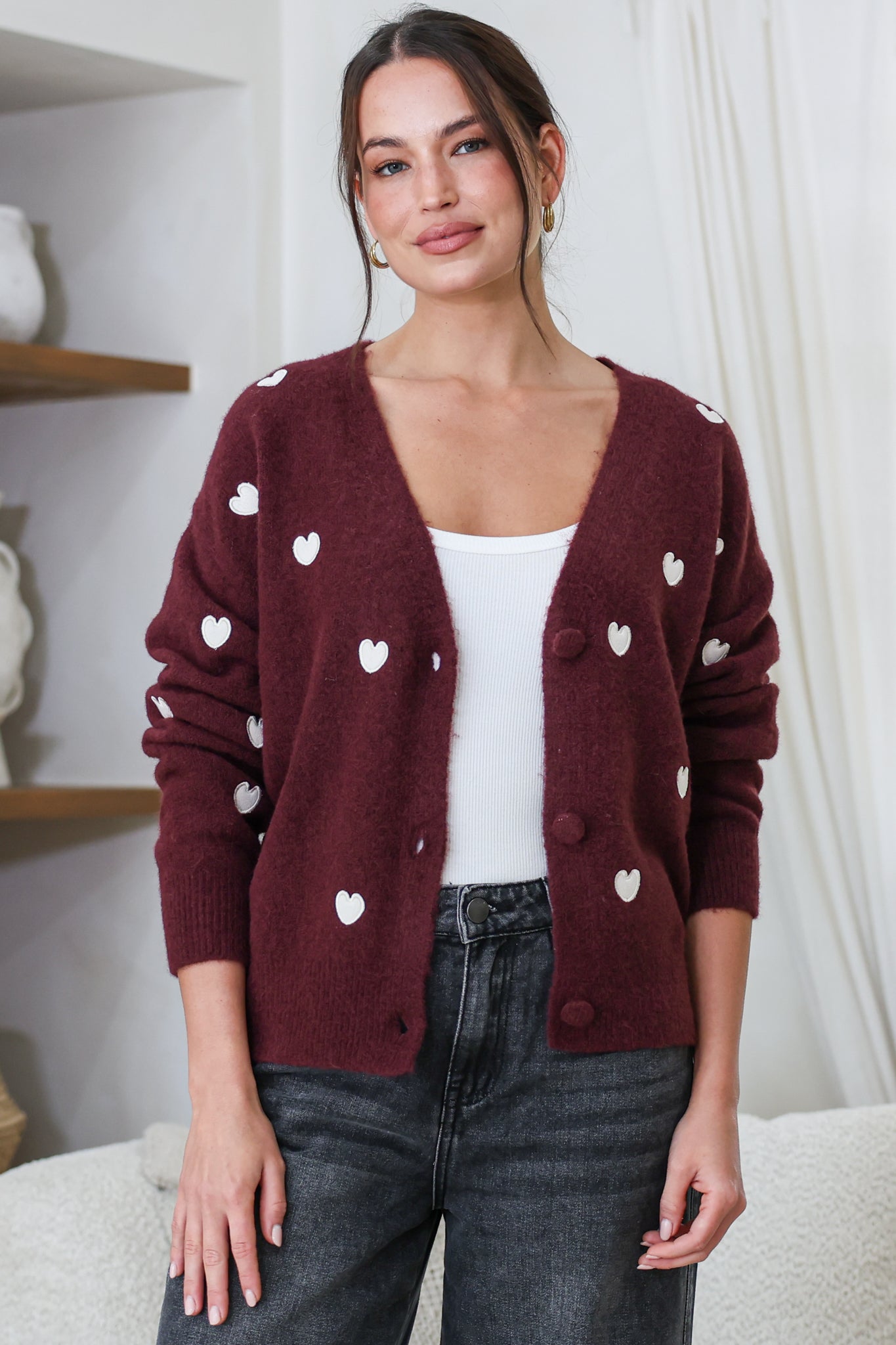 Hartley Cardigan - V Neck Button Front Heart Embroidered Knit with Matching Fabric Buttons in Wine
