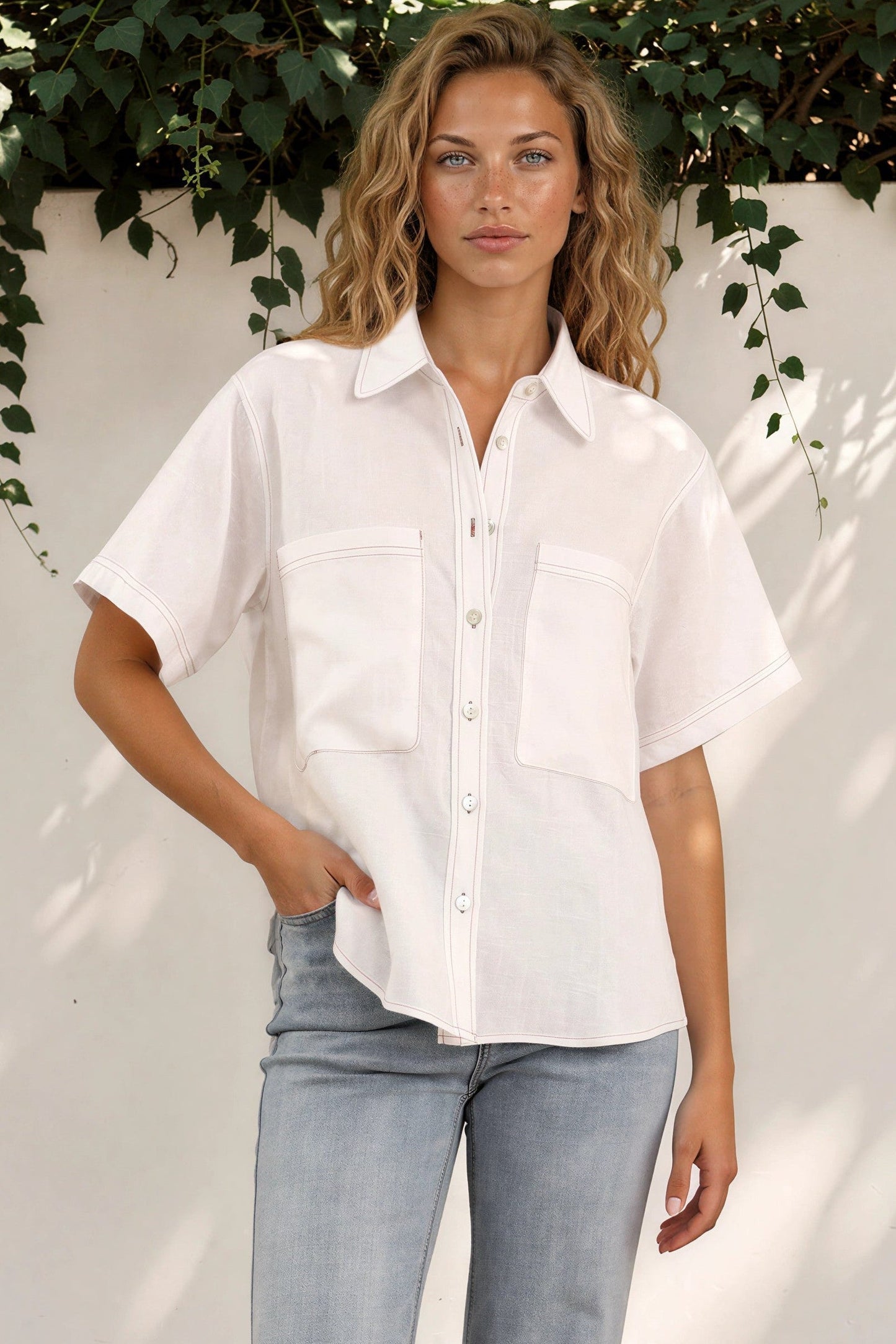 Harvie Shirt - Wing Collar Linen Button Down with Double Pockets in White