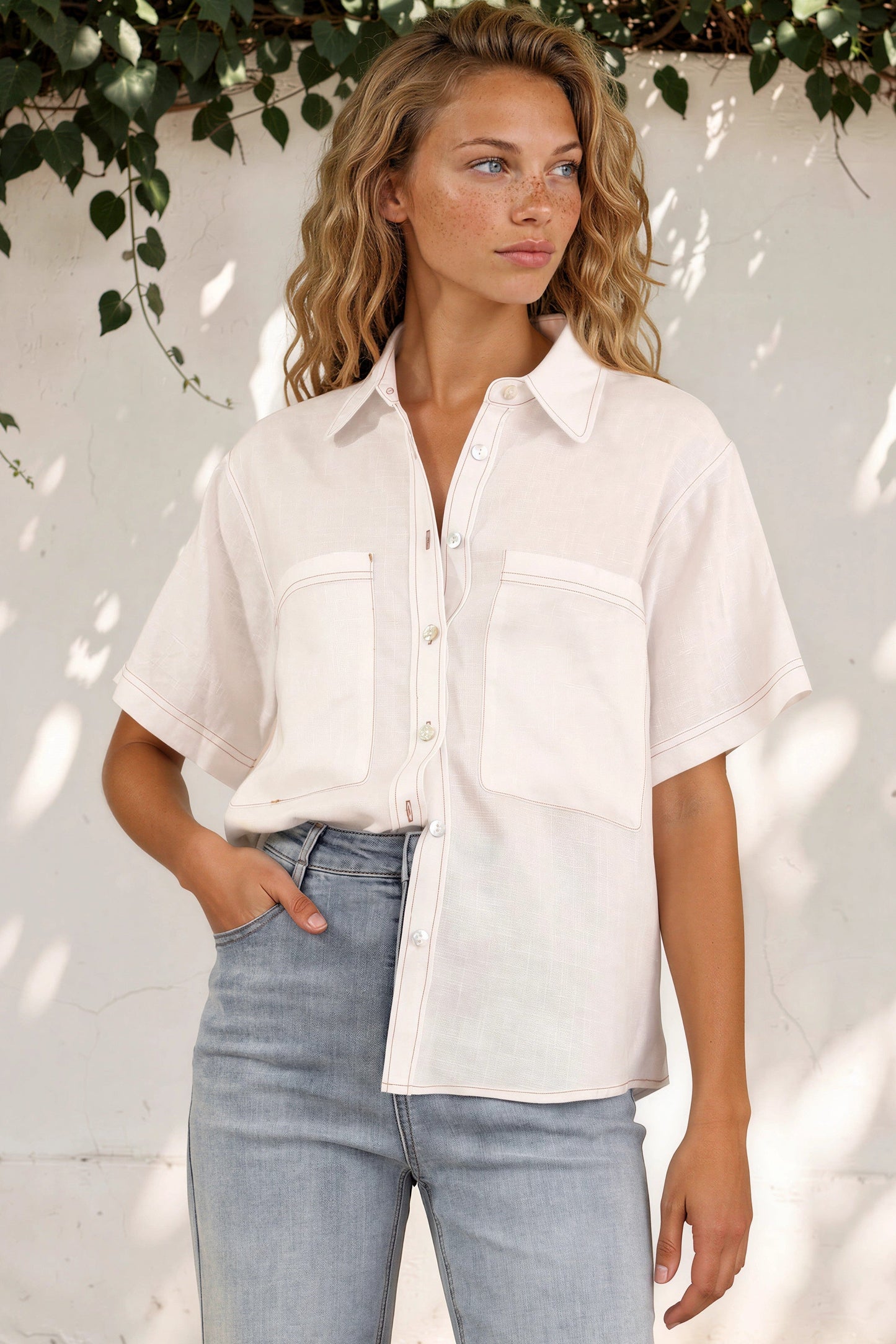 Harvie Shirt - Wing Collar Linen Button Down with Double Pockets in White