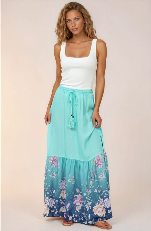 Hellen Maxi Skirt - High Waisted Skirt with Front Splits in Candyce Print Blue