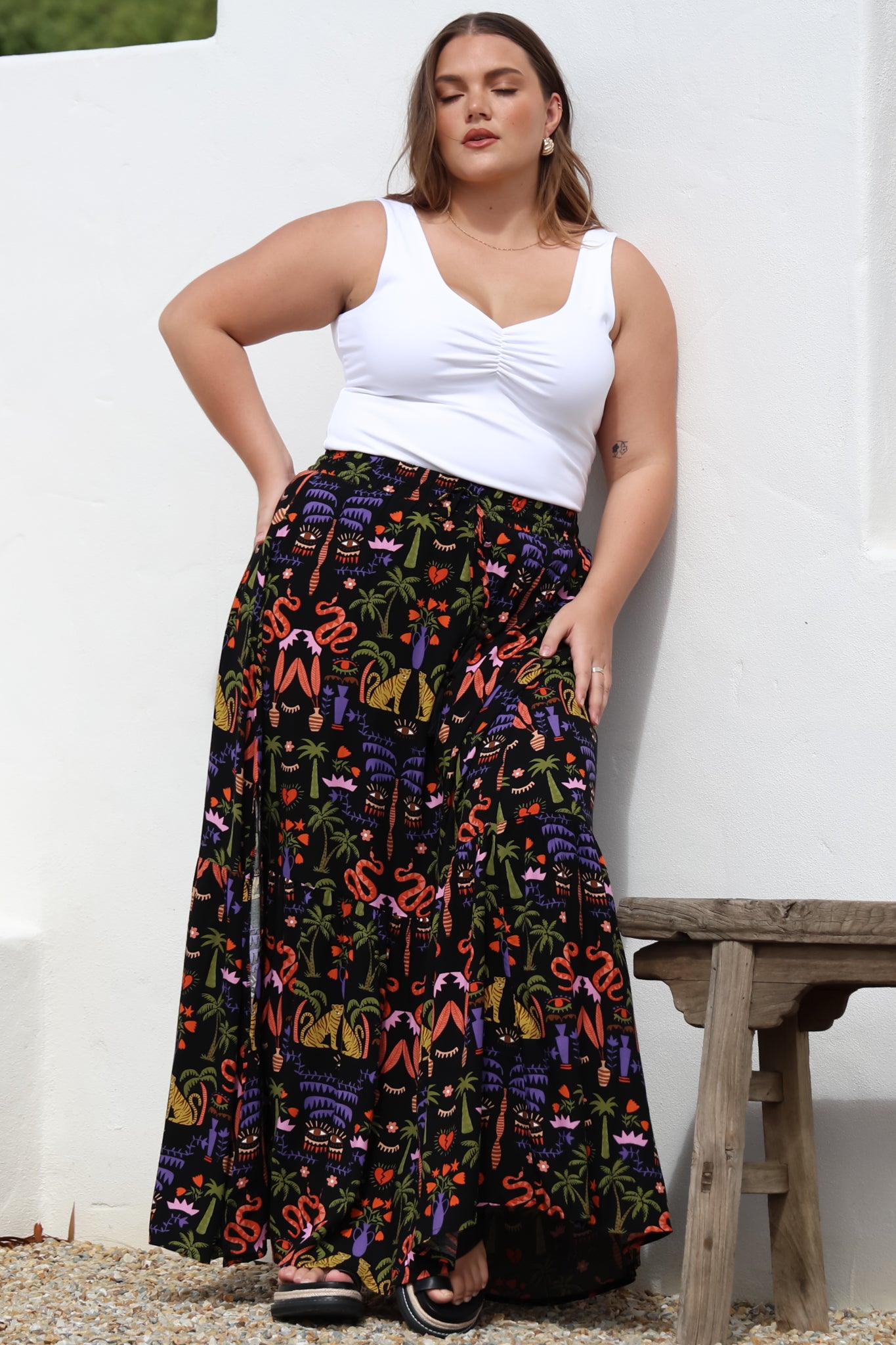 Hellen Maxi Skirt - High Waisted Skirt with Front Splits in Ayla Print Black