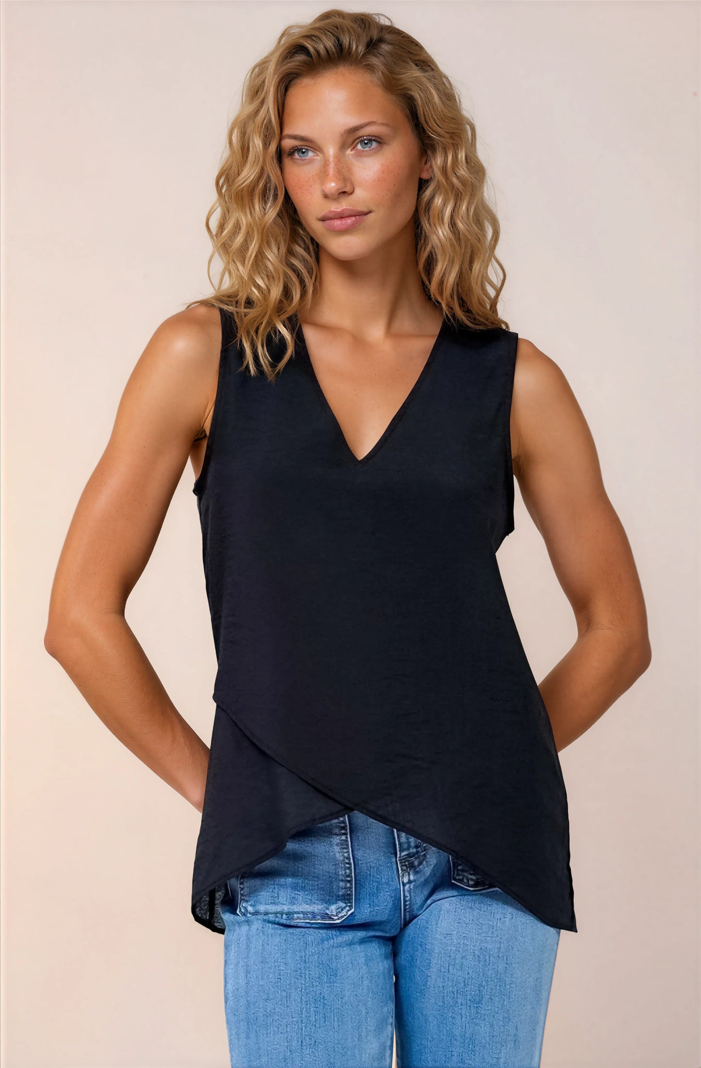 Hemingway Top - Asymmetrical Front High-Low V-Neck Sleeveless Top in Black