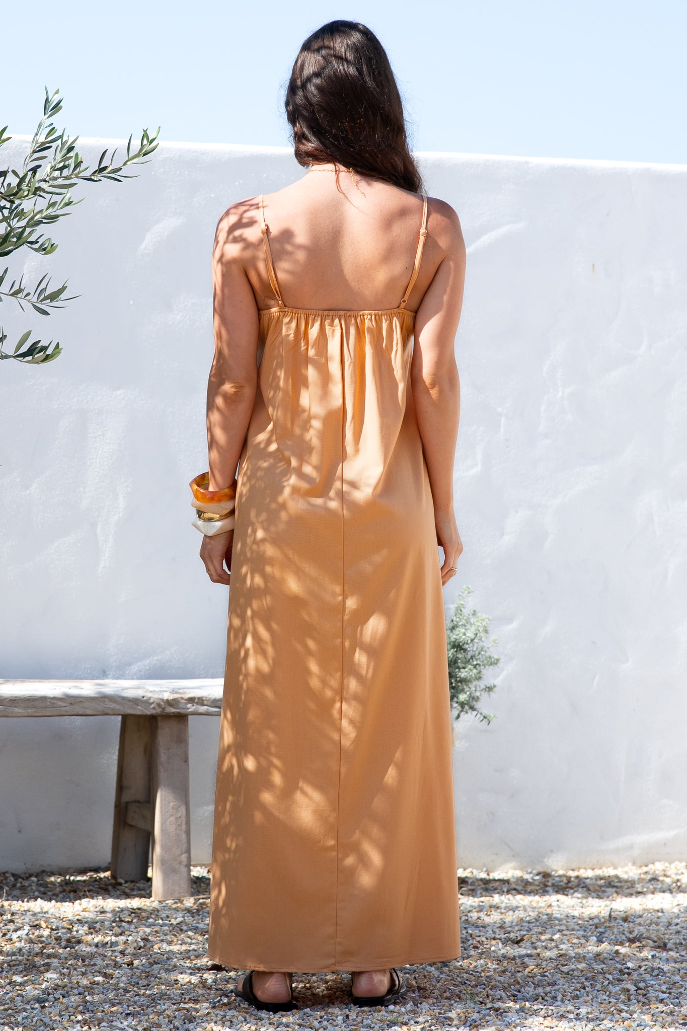 Hepburn Maxi Dress - Adjustable Strap Pleated Bodice Sun Dress in Peach