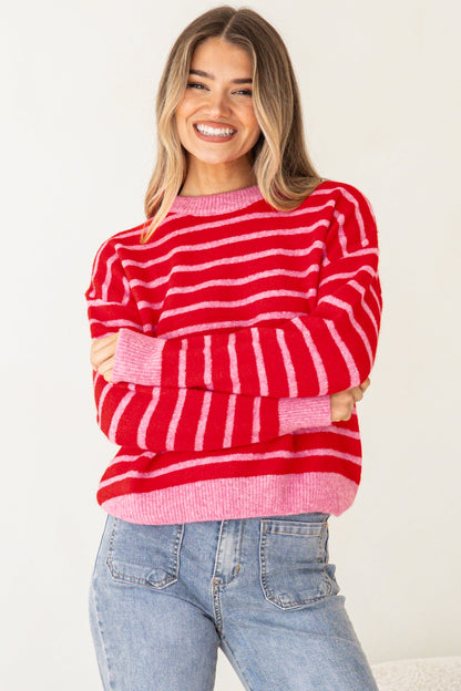 Hershey Jumper - Crew Neck Striped Ribbed Hem Knit in Pink/Red