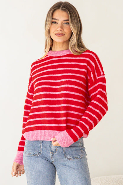 Hershey Jumper - Crew Neck Striped Ribbed Hem Knit in Pink/Red