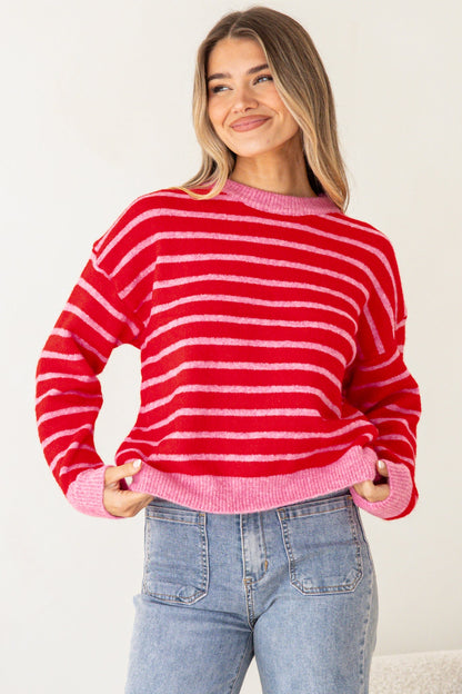 Hershey Jumper - Crew Neck Striped Ribbed Hem Knit in Pink/Red