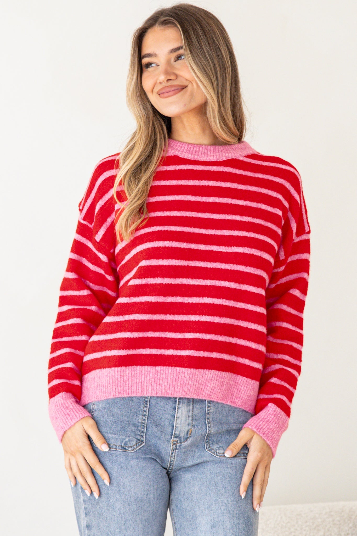 Hershey Jumper - Crew Neck Striped Ribbed Hem Knit in Pink/Red