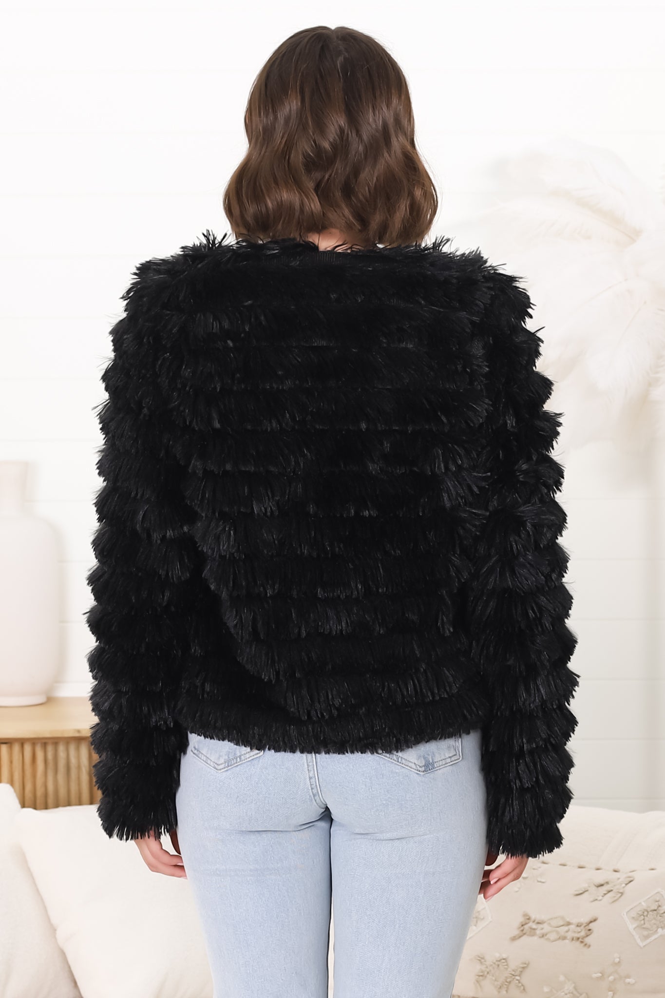 Hilton Jacket - Faux Fur Open Front Jacket in Black