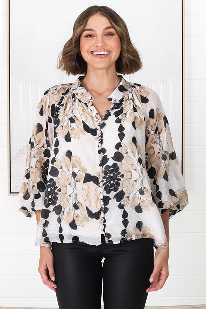 Portia Blouse - Button Down Mandarin Collar Shirt in Calea Print Beige